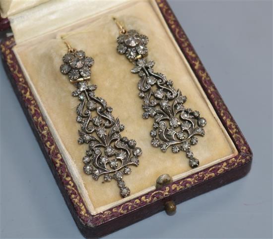 A pair of early 20th century Indian? yellow and white metal, rosecut diamond set drop earrings, 46mm.